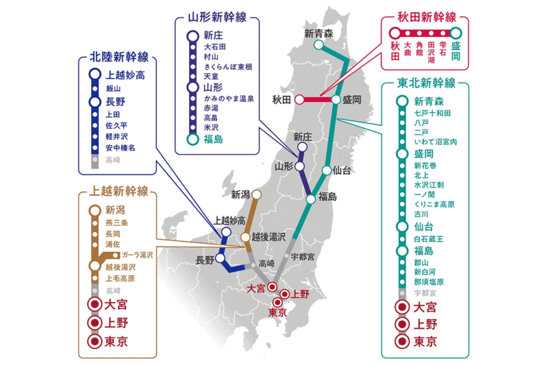 東京・上野・大宮駅発着の「どこかにビューーン！」候補駅（JR東日本ウェブサイトから引用）