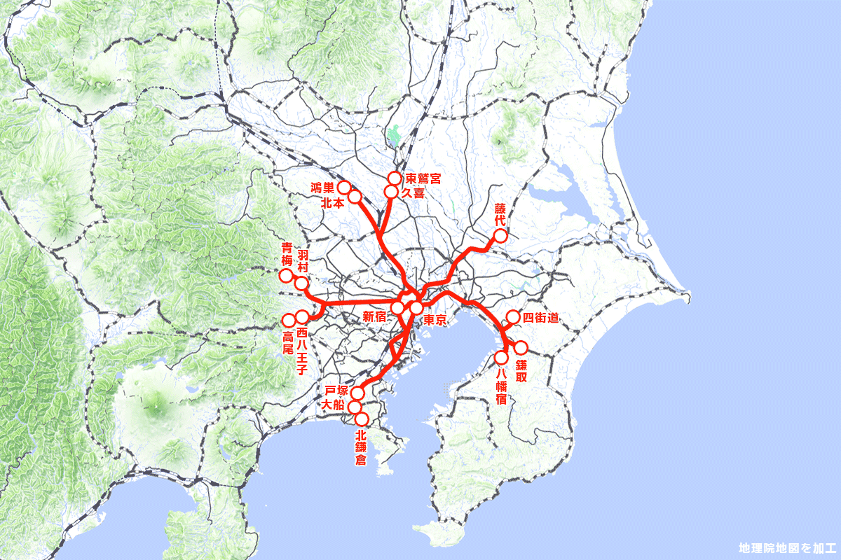 東京・新宿駅から50kmの範囲