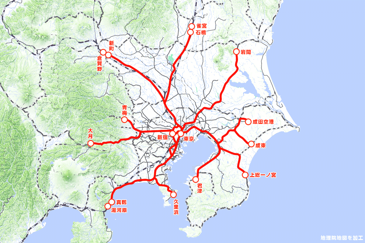 東京・新宿駅から100kmの範囲