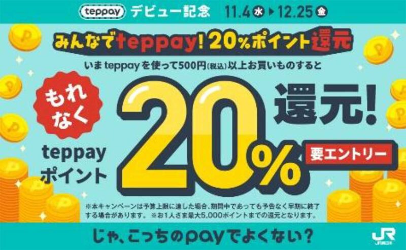 みんなでteppay！ 20%ポイント還元（画像：JR東日本）