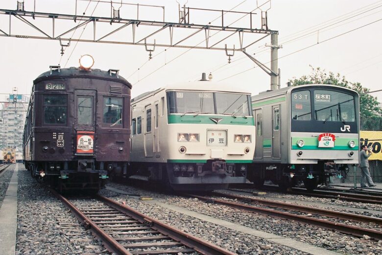 「品川地区車輌展示撮影会」で展示された40系電車、185系電車、205系電車（1988年5月3日、恵 知仁撮影）