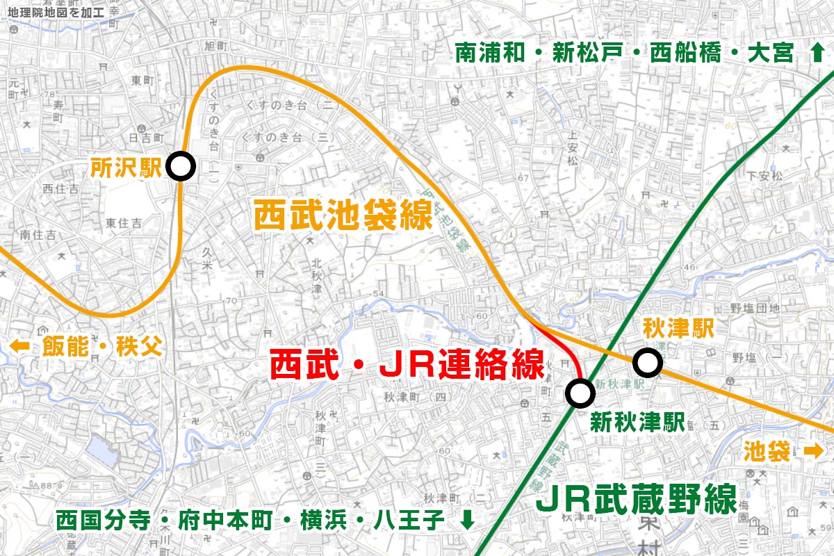 西武池袋線とJR武蔵野線の位置関係