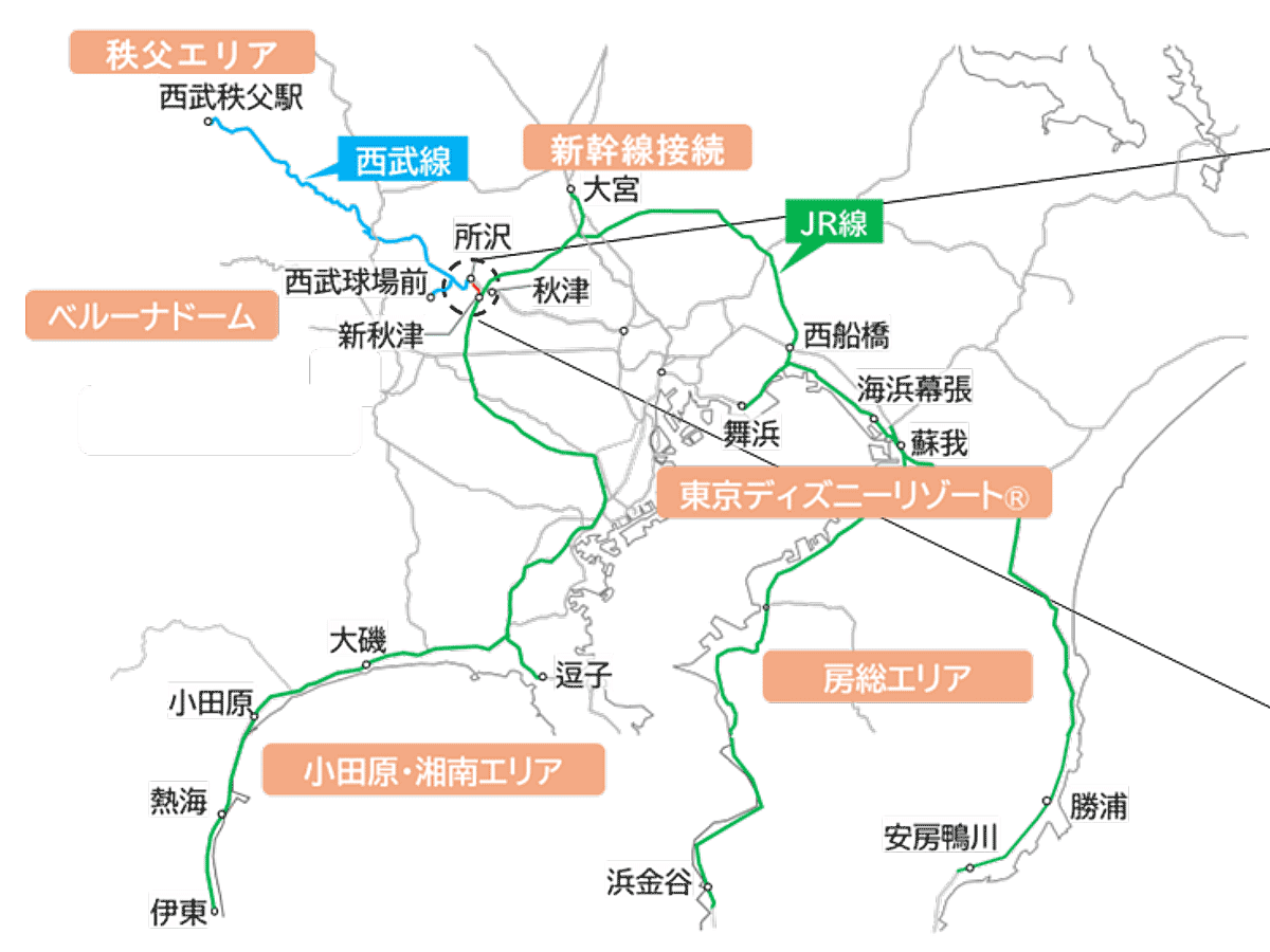 西武・JR直通臨時列車で検討されている運行区間(画像:西武鉄道)