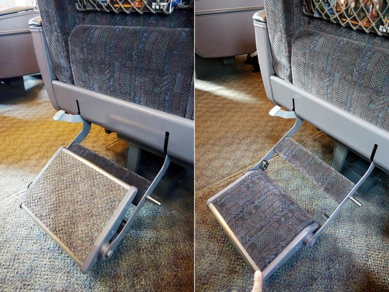 左が靴を履いたまま、右が靴を脱いで使う状態の新幹線グリーン車フットレスト